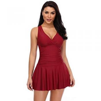 SHEKINI Mujer Espalda Criss Cross Retro Deep V Bañador con Falda Traje de Baño de Una Pieza Monokini con Shorts