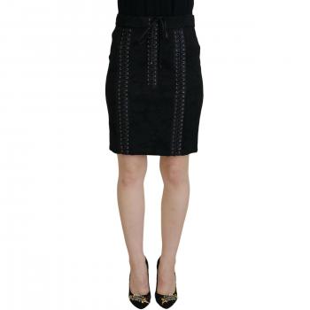 Black Brocade Mini Above Knee Pencil Skirt - IT46|XL