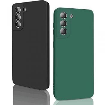 Yisica［2 Piezas］Funda de Silicona Compatible con Samsung Galaxy S21 5G 2021, Funda de Silicona con Diseño Especial de Borde Recto pour Samsung S21 5G 6.2inch 2021（Negro/Verde Oscuro