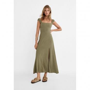 Khaki XS Cross-Back Flowing Linen Blend Maxi Dress