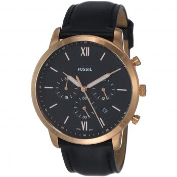 Fossil Reloj para Hombre FS5381 - Reloj de acero inoxidable, esfera negra, cronógrafo, resistencia al agua hasta 50 metros, correa de cuero marrón