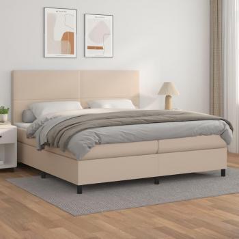 Cama Box Spring con Colchón de Cuero Sintético Capuchino 200x200 cm, Estructura Suave, Viscoelástico, Espuma, Protector, Muelles Ensacados, Adaptable y Reversible