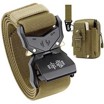 BESTKEE Cinturón táctico para Hombres, 3.8cm Cinturón Resistente, Cinturón Nylon Hebilla de Metal de Liberación Rápida, Regalo con Bolsa Táctica Molle y Gancho