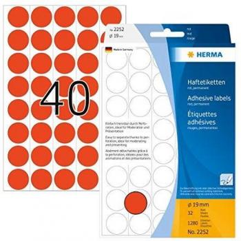 Etiquetas Adhesivas Redondas HERMA 2252 - Ø 19 mm, Color Rojo, Papel Mate, Paquete de 1280 Unidades