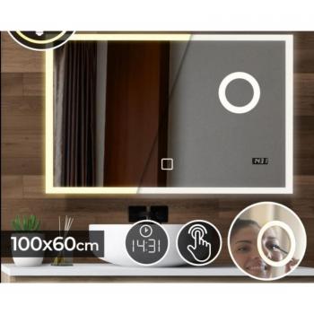 Espejo LED para baño Aquamarin con zoom de maquillaje y reloj digital, eficiencia energética A++, interruptor táctil, regulable de blanco frío a blanco cálido, aumento 3x, dimensiones 100 x 60 cm