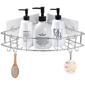 GEMITTO Estanteria Ducha para Baño sin Taladros Rinconera Estantería de Esquina Autoadhesiva Triangular con 3 Pegatinas + 2 Ganchos para Champú, Gel de ducha y Almacenamiento de Especias, Plata
