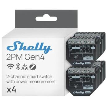 Módulo Interruptor Shelly 2PM Gen4 - Pack de 4, Control Inalámbrico por App y Voz (Alexa, Google, Apple HomeKit), Wi-Fi, Zigbee, Matter, Medición de Consumo