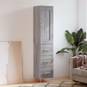 Aparador de madera contrachapada gris Sonoma 34,5x34x180 cm con 3 cajones, mueble de almacenaje para salón, buffet y armario auxiliar