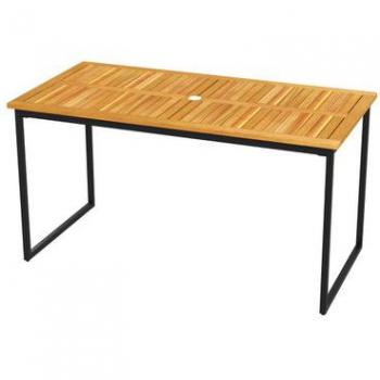 55-Inch Natural Acacia Wood Patio Dining Table with Slatted Top and Umbrella Hole