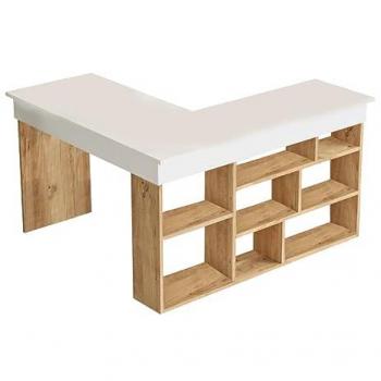 Escritorio rinconera con compartimentos - Color: Blanco y Natural - Diseño Contemporáneo - 120 cm