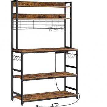 Estantería de Cocina con Soporte para Microondas y Toma de Corriente Integrada - Metal, 14 Ganchos, 40x100x170 cm, Marrón Rústico y Negro