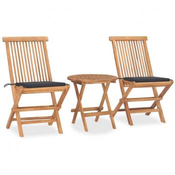 Folding 3-Piece Outdoor Dining Set with Cushions - Solid Teak Wood