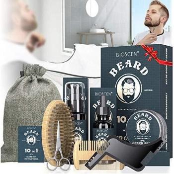 Kit Cuidado Barba para Hombre 10pcs, con Champú Barba, Aceite Barba, Bálsamo Barba, Cepillo Barba, Peine Barba, Plantilla Barba, Tijeras Barba, Delantal Barba, Bolsa, Regalos Originales para Hombre