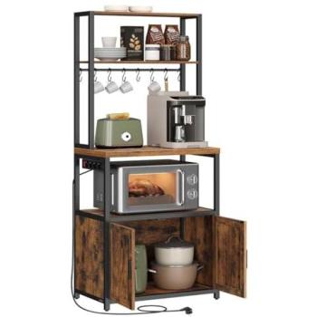 Estante de cocina con encimera 40x60 cm, regleta integrada, 2 estantes y 8 ganchos, soporte para microondas