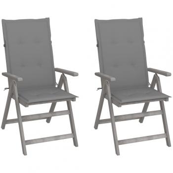 Sillas de jardín reclinables 2 PC con cojines de madera maciza de acacia en color gris