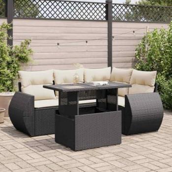 5-Piece Black Poly Rattan Garden Sofa Set with Cushions