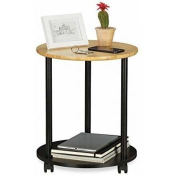 Mesa Auxiliar Redonda Moderna con Ruedas de Bambú, 49x40 cm, Negro-Marrón