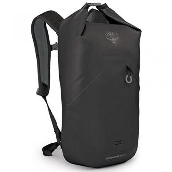 Mochila Osprey Transporter Roll 25L negro, capacidad de 25 litros, diseño enrollable (roll top), material resistente al agua, correas ajustables y acolchadas, múltiples puntos de anclaje para carga adicional
