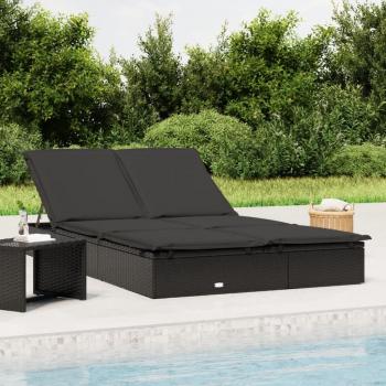 2-Person Outdoor Sun Lounger with Cushions in Black Poly Rattan