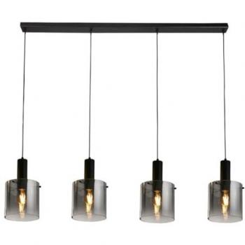 Colgante de barra de 4 luces negro con vidrio degradado ahumado, diseño contemporáneo en acero negro, incluye 4 bombillas E27