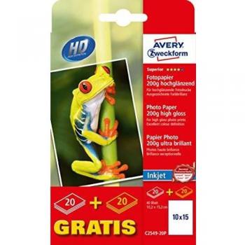 Papel Fotográfico Inkjet AVERY Zweckform, 10x15 cm, 200 g/m², Hochglänzend, Paquete de 20 Hojas + 20 Hojas Gratis