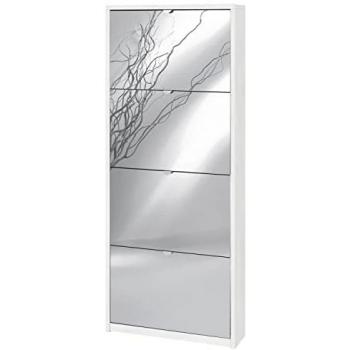 Zapatero compacto de cuatro puertas con espejo en color blanco óxido 63x18x154 cm