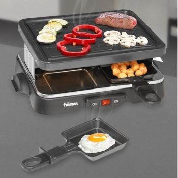 Tristar RA-2949 Raclette Grill para 4 Personas, 500W, con Placa de Cocción de 22x17cm, Función Fondue y Calentadores, Negro