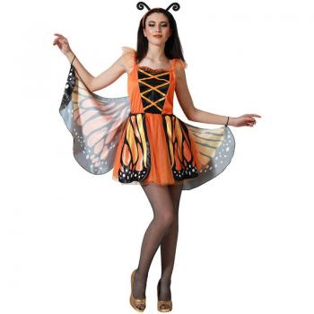 Disfraz de Mariposa Monarca para mujer, incluye vestido color naranja y negro con alas de mariposa, talla disponible S/M y M/L, material ligero y cómodo, ideal para fiestas de disfraces y Halloween
