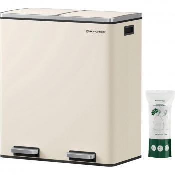Cubo de basura con doble compartimento de 2 x 30 L, incluye 15 bolsas de basura, pedal de metal, 2 cubos de plástico, tapas, asas, cierre suave y hermético, color Blanco y Plata/Cre