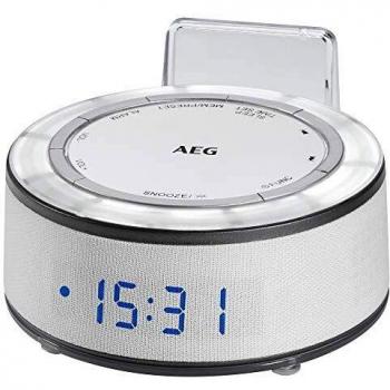AEG MRC 4151 - Reloj con Radio, Pantalla LED, aux-in, MoodLight en 7 Tonos, indicador de Temperatura, Memoria para 10 emisoras, Color Blanco