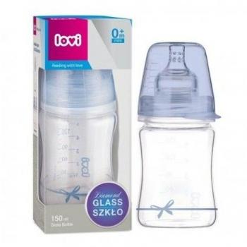 Biberón de vidrio LOVI 150ml con tetina dinámica de silicona, sistema SUPER Air Vent, apto para bebés a partir de 0 meses, diseñado para proteger el reflejo natural de succión