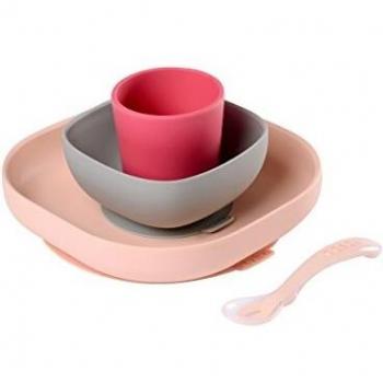 BÉABA Juego de Vajilla en Silicona Infantil, Ventosa resistente, Set de 4 Piezas para bebé, Plato + Bol + Taza + Cuchara, Accesorios para el Aprendizaje de bebé, Rosa