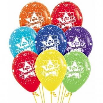 Pack 12 Globos Látex 30cm Feliz Cumpleaños Estrellas