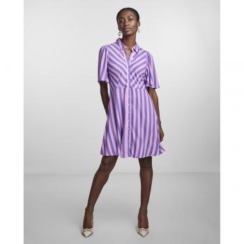 Yas - Vestido corto camisero, diseño moderno, tejido ligero, cierre de botones frontal, cuello clásico, manga corta, corte ajustado en la cintura y falda amplia