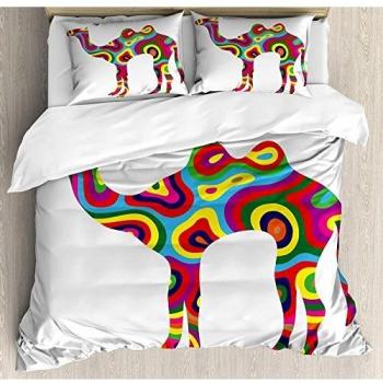 Juego de sábanas moderno de 3 piezas Juego de fundas nórdicas, Figura de camello de colores destacados Resumen de formas y bandas Trippy Ilustración ingeniosa, Juego de fundas de edredón / Qulit de 3
