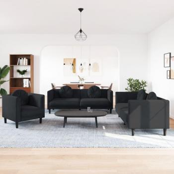 Sofá 3 Pcs Set de Terciopelo Negro con Almohadas - Juego de Sofás con Cojines 3 Piezas vidaXL