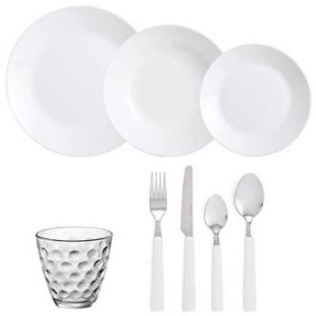 Set de Vajilla de Vidrio Ecológico 48 Piezas para 6 Personas - Incluye 24 Platos y 6 Vasos, Apilable y Fácil de Limpiar, Blanco Brillo