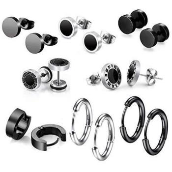8 Pares de Pendientes de Acero Inoxidable para Hombres, 8 mm de Acero Inoxidable Clip Pendientes de Esmalte Piercing Ear Bisel Redondo Cool Stud Pendientes de perforación para Hombres,