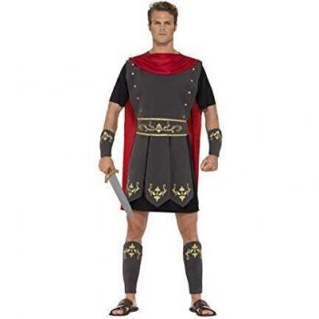 Smiffys-45495XL Disfraz de Gladiador Romano, con túnica, Capa incorporada, brazaletes y e, Color Negro, XL-Tamaño 46-48