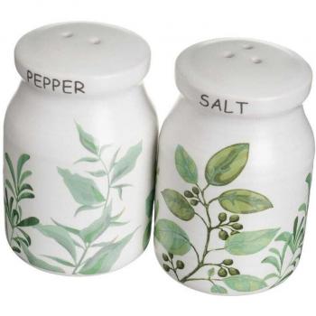 Juego de Aceitera y Vinagrera con Salero y Pimentero en Soporte de Cerámica Stoneware Blanco y Verde (4 Piezas)