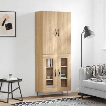 Aparador alto de madera contrachapada color roble 69,5x34x180 cm con 2 puertas de cristal, mueble de almacenaje para salón, armarios con puertas, cajón de madera, buffet moderno y
