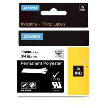 Dymo Rhino Industrial Labels Permanent Polyester 19mm x 5.5m - Black on Clear