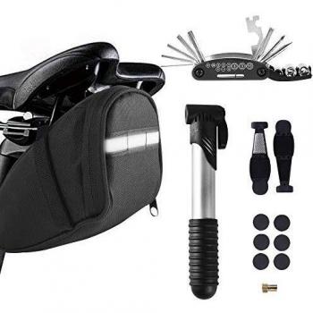 MASPODER Bolsa Bicicleta Sillin, Kit Herramientas Bicicleta, con Bomba de Aire Bicicleta Portatil, Kit Parches Bicicleta Autoadhesivo Reparación Neumáticos para MTB Bici Carretera Montaña