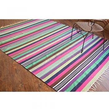 Alfombra de tejido reversible tejido 100% algodón orgánico con tintes vegetales. Estampado a rayas multicolor. Tapete. Medidas: 180x240 cm