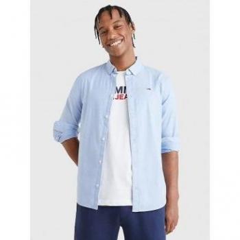 Camisa de algodón orgánico Tommy Jeans para hombre, corte slim, manga larga, color azul perfume (L)
