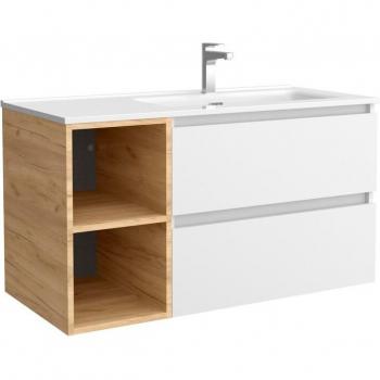 Mueble de baño Bequia 90 cm con 2 cajones, coqueta izquierda, 2 huecos y lavabo integrado en color blanco y roble