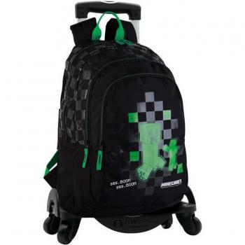 Mochila Escolar Minecraft Creeper con Carro Toybags, 4 Ruedas Giratorias, Dimensiones 44 x 30 x 20 cm, Protección Lateral, Stoper Frontal Anti Caída, Color Negro