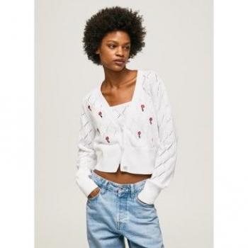 Cárdigan Flora blanco de Pepe Jeans con bordado floral y cierre abotonado