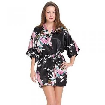 aibrou Womens dama Túnica Corto pavo real flores seda manchas Kimono Robe Albornoz negro negro M