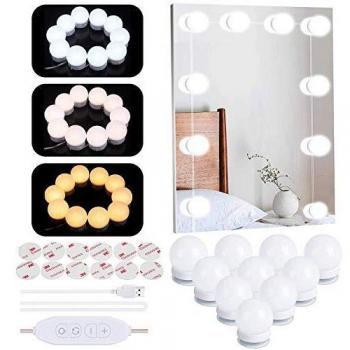 Luces para Espejo de Maquillaje LED Luces Tocador Estilo Hollywood, Luces LED Kit de Espejo con 10 Bombillas regulables 3 Modos de Color Luz Espejo Para Maquillaje Tocador Espejo Baño
